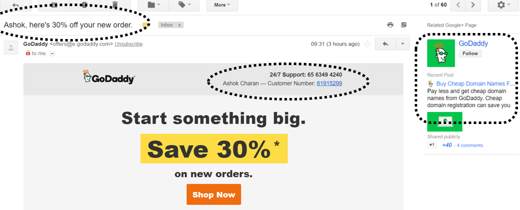Lead Nurturing - GoDaddy targets existing customers with promotional offers on new orders.