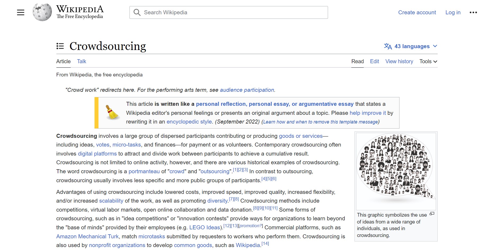 Crowdsourcing: Wikipedia sources most of its content from a vast number of contributors