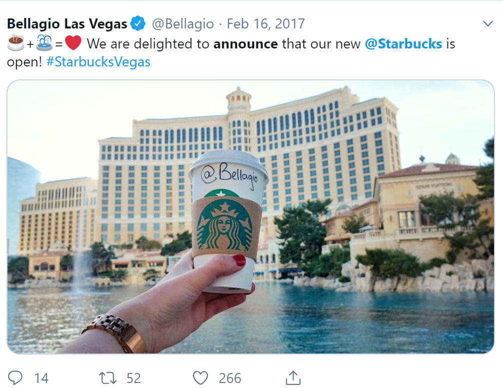 Starbucks announces opening of café at Bellagio on Twitter