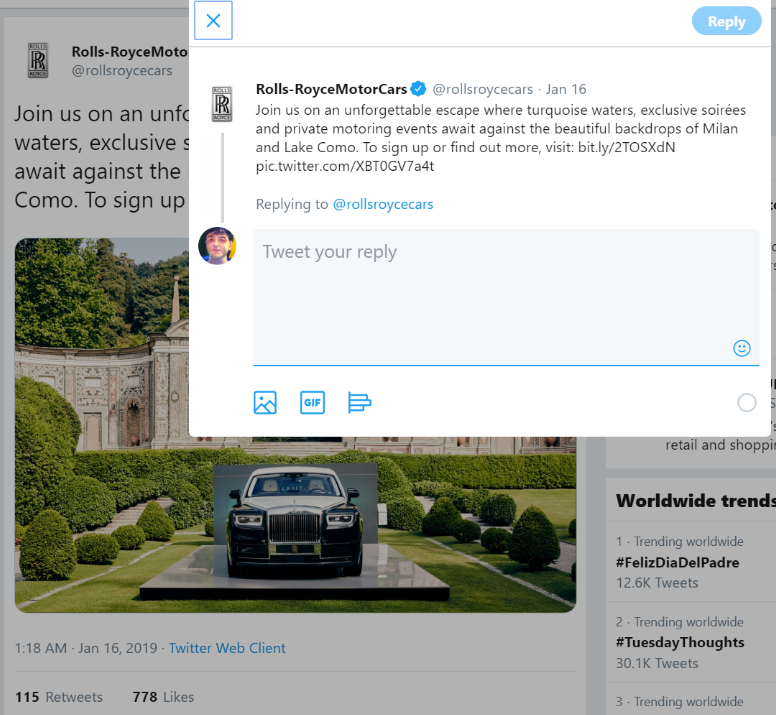Twitter Marketing - Invitation reply: Customer tweets reply to Rolls-Royce’s invitation.